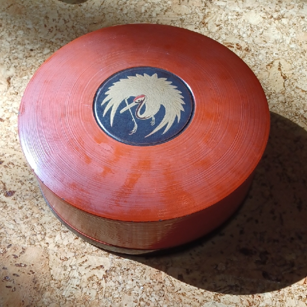 Wajimanuri Japanese Lacquerware Round Lidded Container With Crane Design